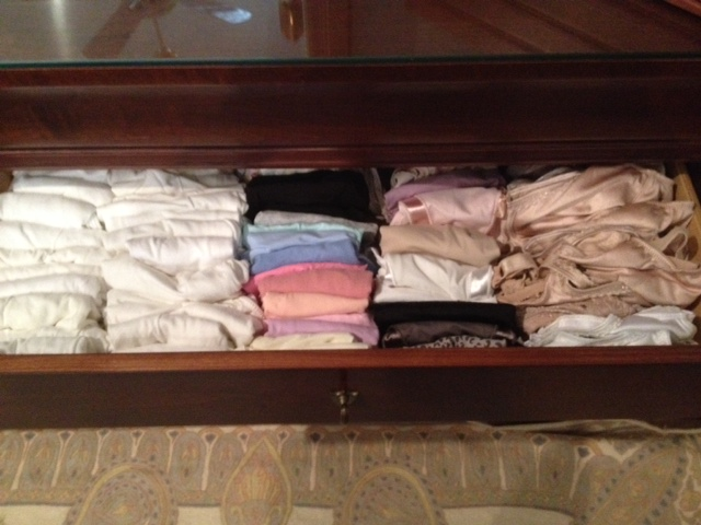 how to fold pants and bras and tops; organizing underwear drawer;  organizing T-shirts and workout pants